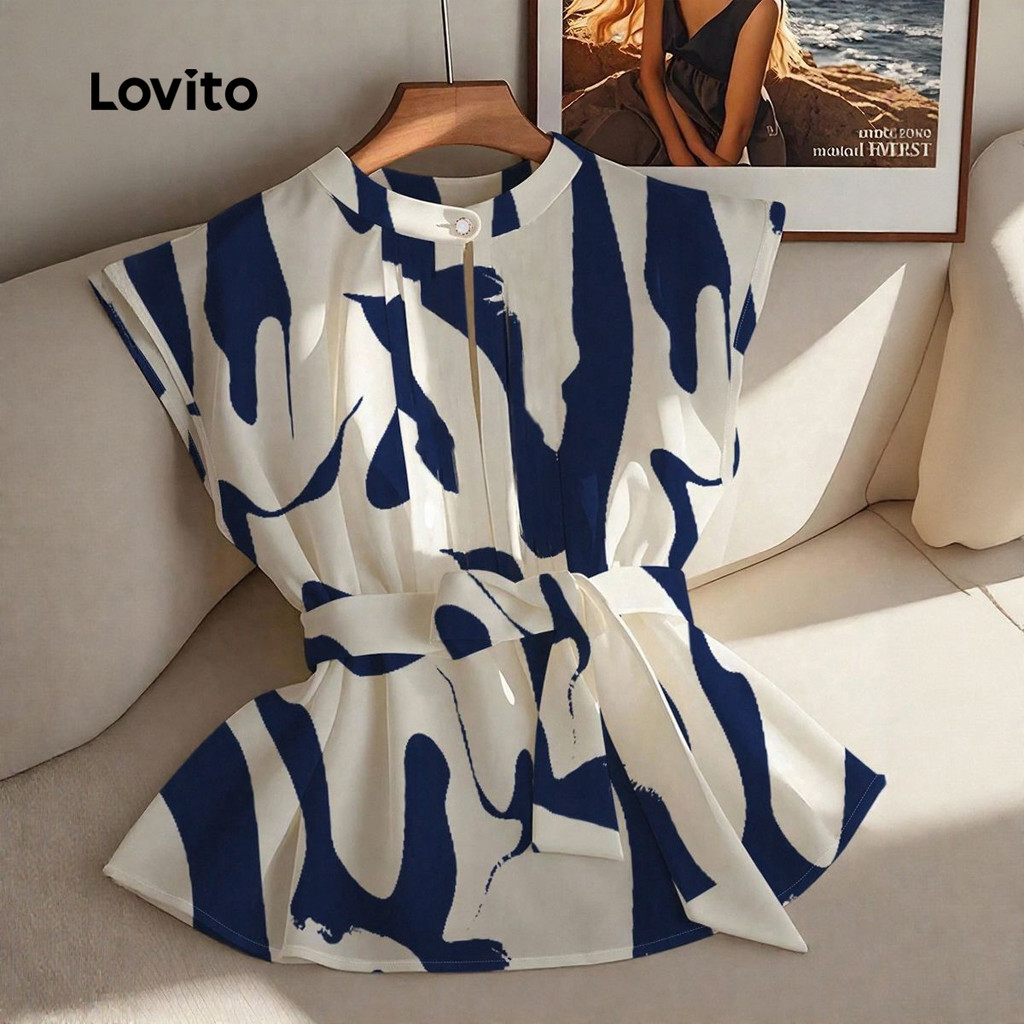 Detalhes do Lovito Blusa Casual de Renda com Laços de Flores para Primavera/verão para Mulheres L155ED009