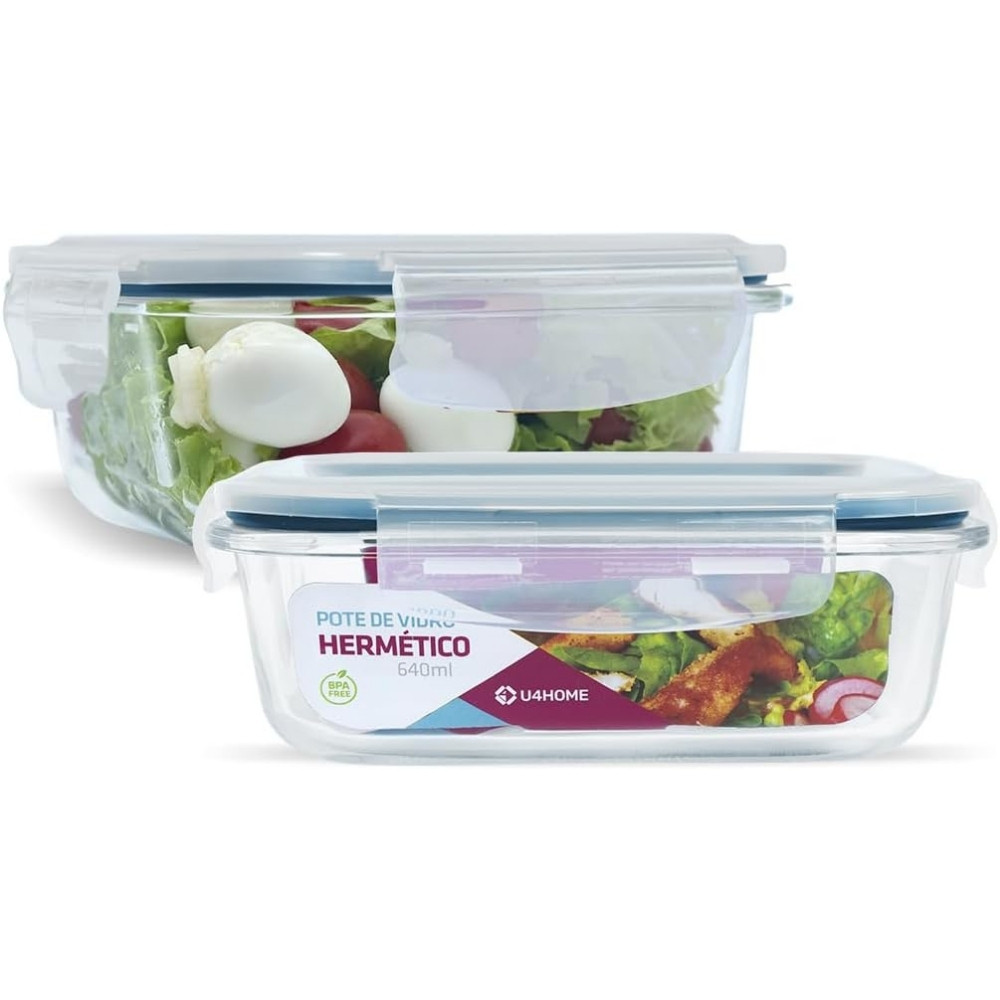 Kit 02 Potes Vidro Hermético Marmita Mantimentos 640ml - Pote Vidro Retangular Tampa Hermetico com Vedação - PANAMI