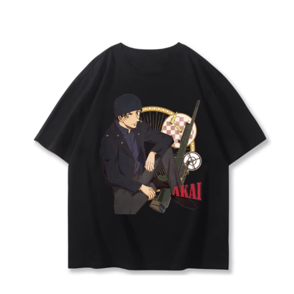 Camiseta Masculina Casual Grande De Algodão Com O Personagem De Shuichi Akai E A Inscrição "AKAI" Estampada