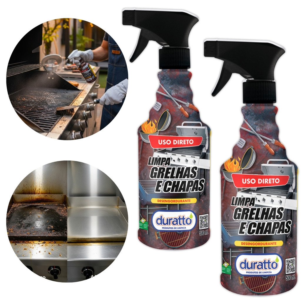 Kit 2 Limpa Grelha Chapa Desengordurante Utensílio Inox Tira gordura Carbonizada Grill Potente 500mL