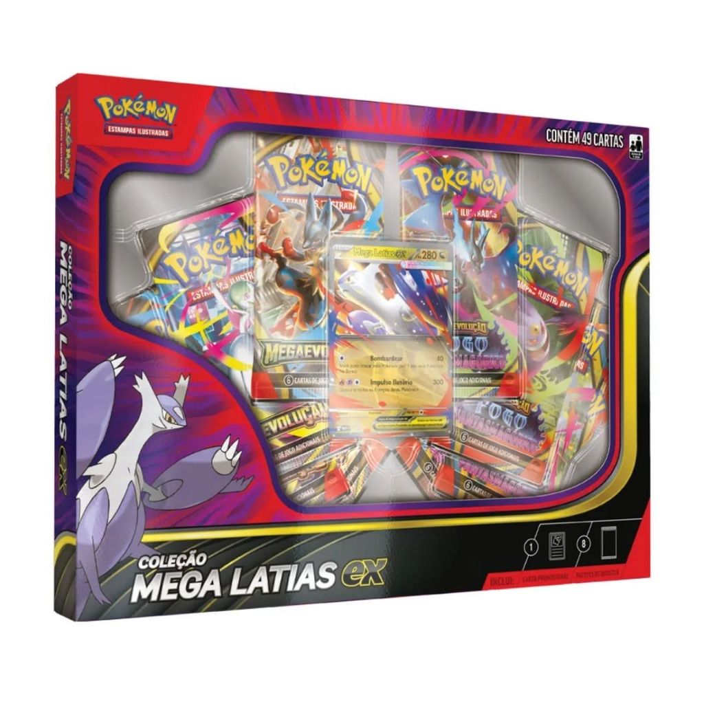 Box Coleção Pokemon Mega Latias Ex com 49 Cartas Mega Evolução Original Copag Cards Booster Jogo