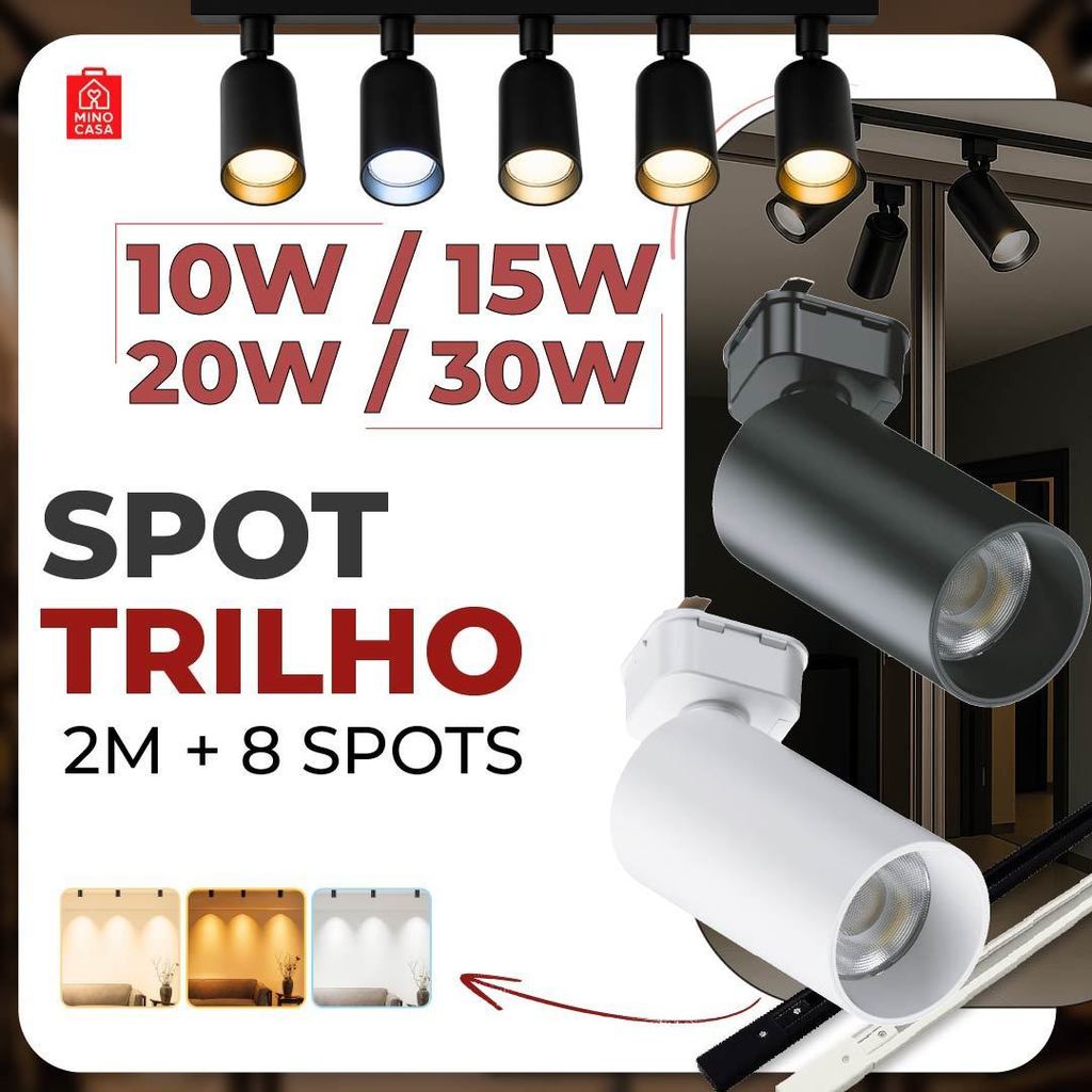 2M Trilho + 8 Spot LED 30W 20W 15W 10W Eletrificado + Trilho Tubinho Preto e Branco Bivolt