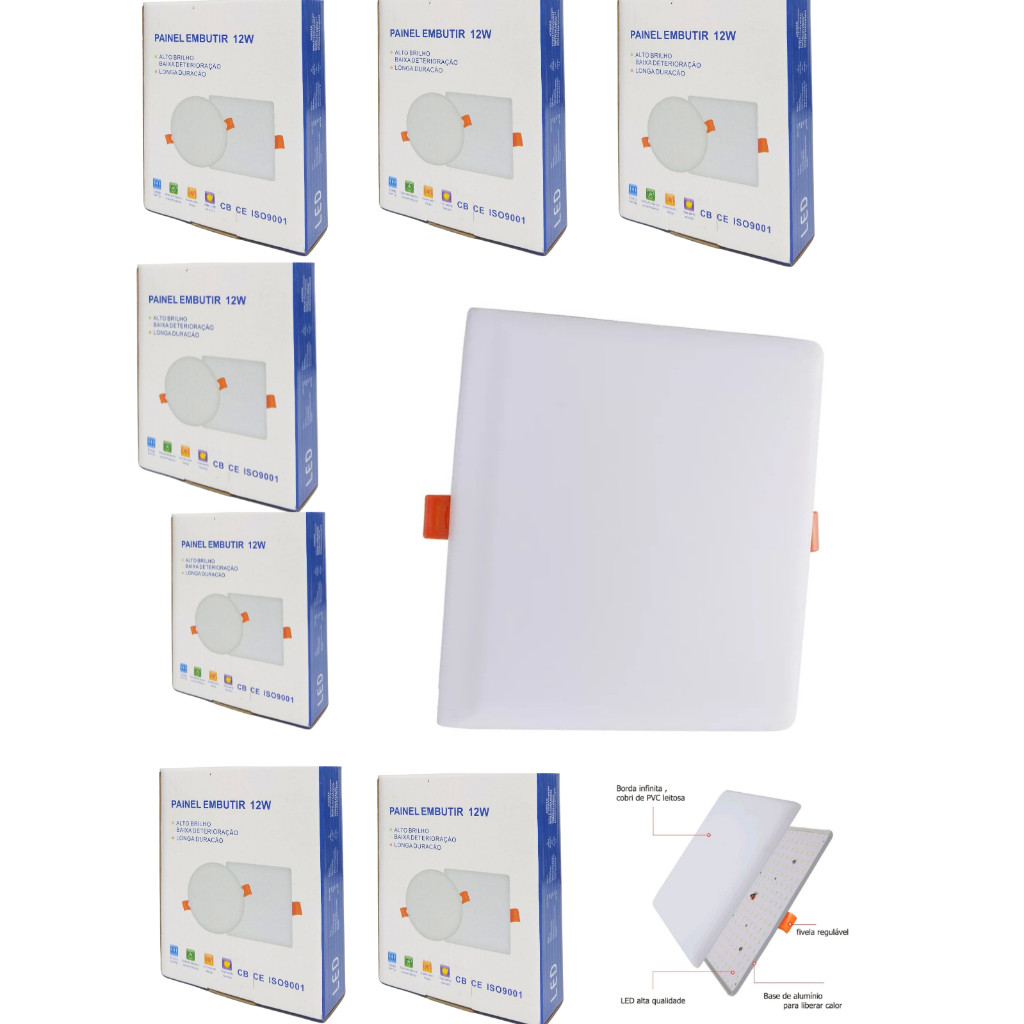 Kit 10 Painel Plafon Led Borda Infinita  12w Embutir  Quadrado Bivolt Branca Frio 6500k 10cm