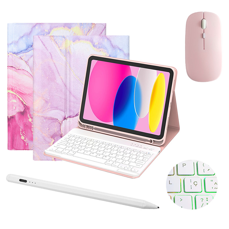 Capa c/ Teclado ABNT2 (Ç) + Mouse + Caneta Stylus – Kit 4 em 1 p/ Samsung Tab S10 FE / A9 Plus / S9 FE / S10 Lite