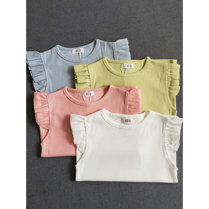 Meninas de manga curta camiseta verão fino algodão puro não fluorescente crianças voando manga topos médio grande crianç