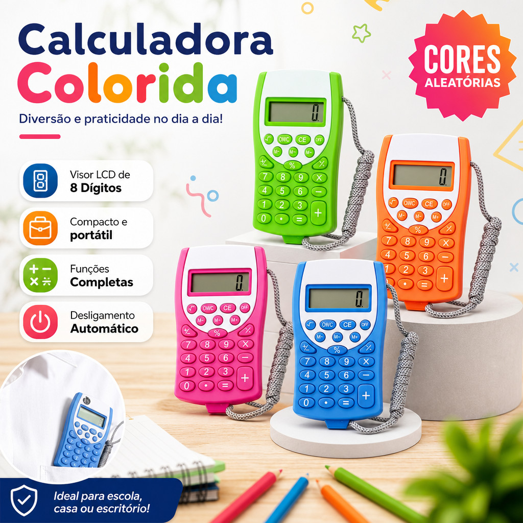 Calculadora Colorida Portátil 8 Dígitos com Cordão Mini Calculadora Escolar De Bolso Leve Prática Com Bateria
