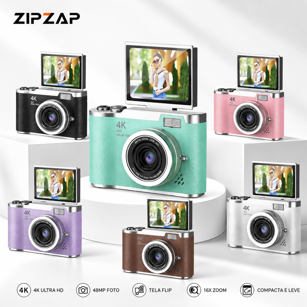 câmera digital com zoom 4k ccd 8x, adequada para fotografia estudantil, compacta de 48mp, tela flip selfie de 180°