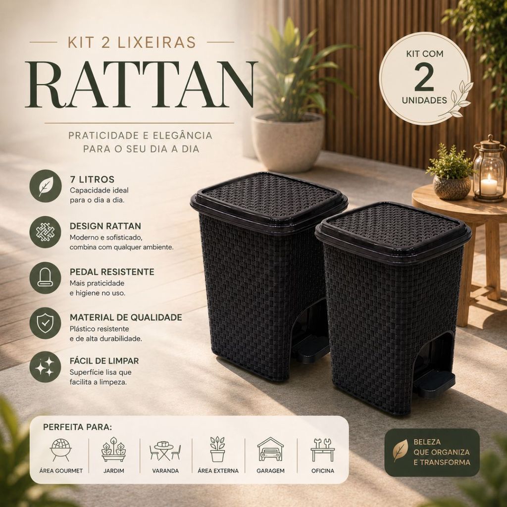 Kit 2 Lixeira Cesto de Lixo 7 Litros Rattan Com Tampa e Pedal Para Banheiro Cozinha De Plástico