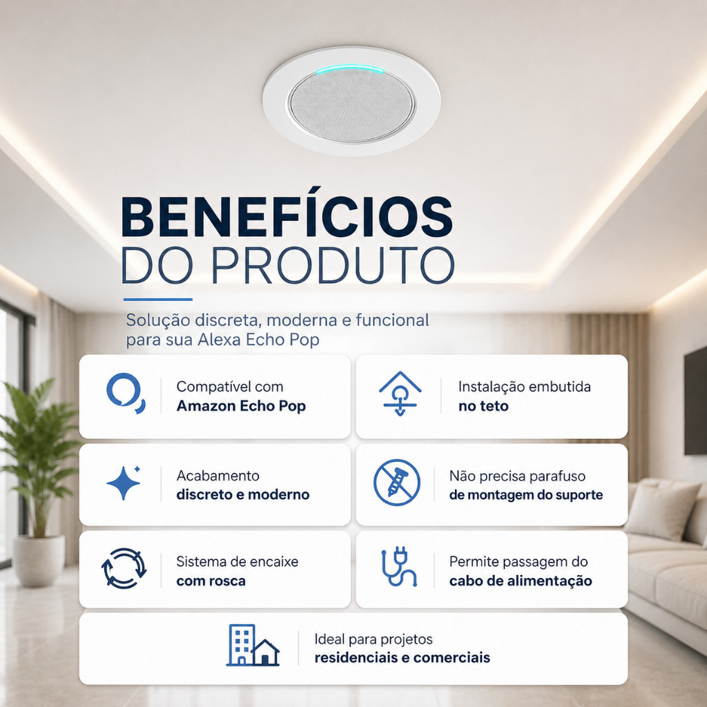 Suporte Embutir Alexa Echo Pop de Teto Branco Encaixe por Rosca Sem Parafuso Visual Discreto — imagem 2 de 2