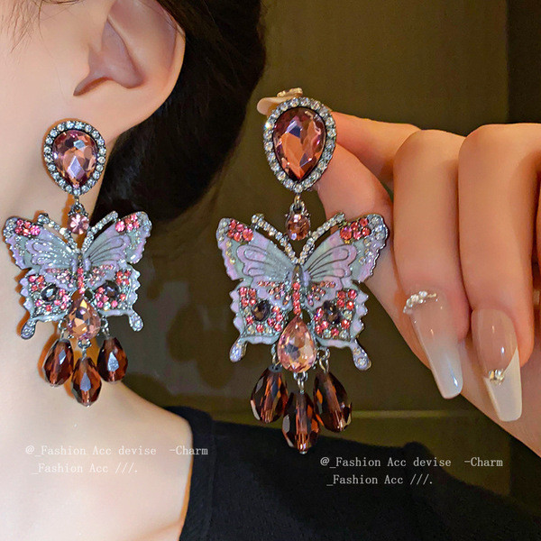 | 【cartelas de brincos feminino】 | kit brinco aço inoxidável ♬Agulha de prata diamante borboleta brincos de cristal euro