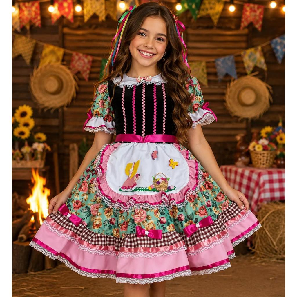 Vestido Infantil de Festa Junina Preto Floral Rosa Delicado Rodado com Armação Embutida na Saia pra Meninas