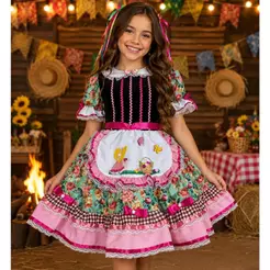 Vestido Infantil de Festa Junina Preto Floral Rosa Delicado Rodado com Armação Embutida na Saia pra Meninas