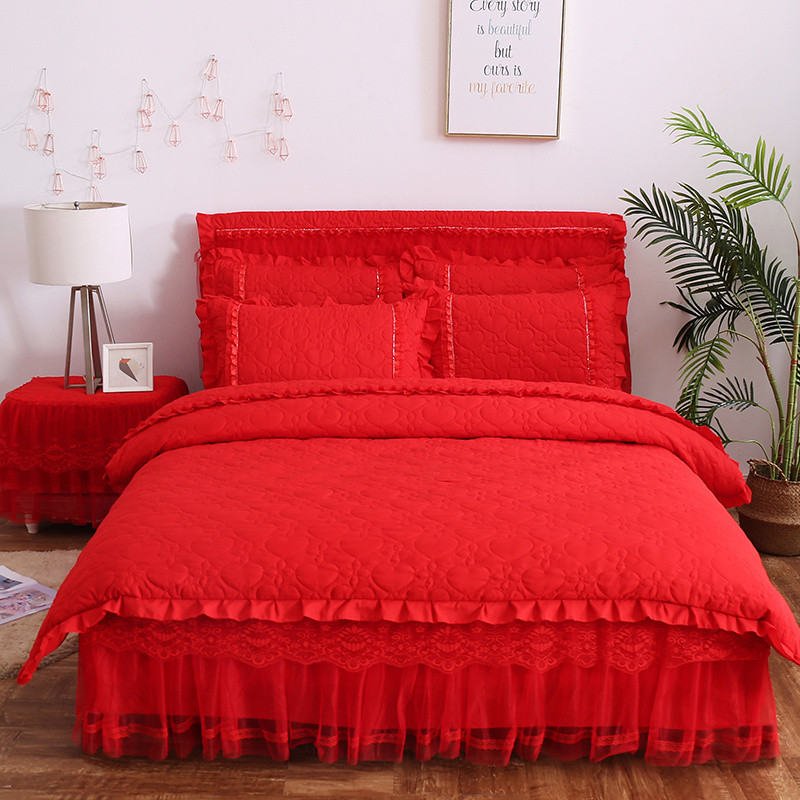 Outono inverno renda cama saia conjunto de quatro peças acolchoado engrossado coreano princesa colcha estilo grande verm