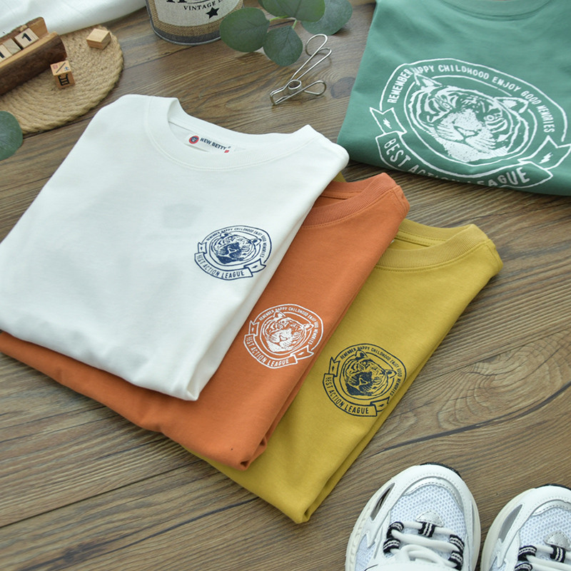Crianças puro algodão de manga curta camiseta meninos verão cabeça de tigre impresso algodão amigável à pele em torno do