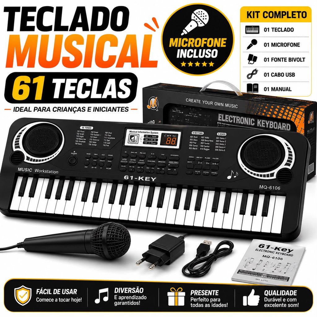 Teclado Musical 61 Teclas Infantil Com Microfone Fonte Bivolt Cabo USB Manual Kit Completo Para Aprender Música