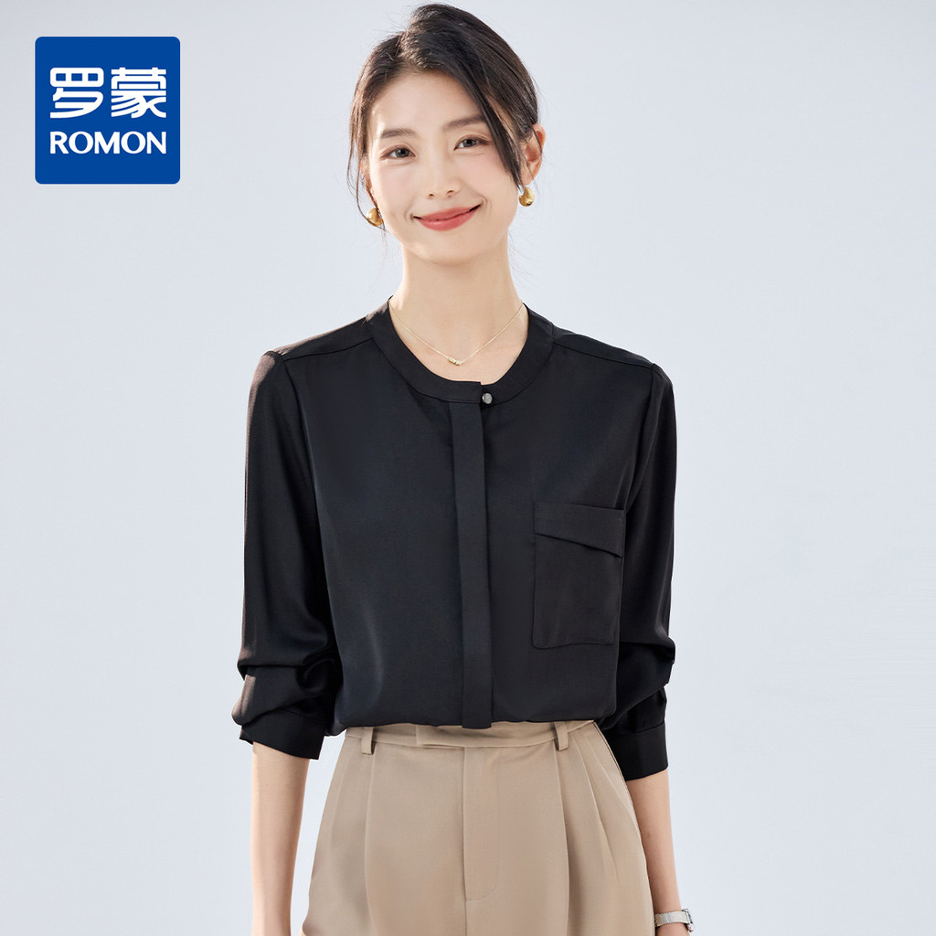 [Garage Simple] Romon Camisa feminina de manga comprida, gola redonda, confortável, elegante, combinada, diária, camisa 