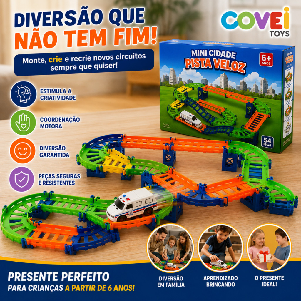 Mini Cidade Pista Veloz 69 Peças Com Carrinho Pista De Corrida Infantil Montável 6+ Anos