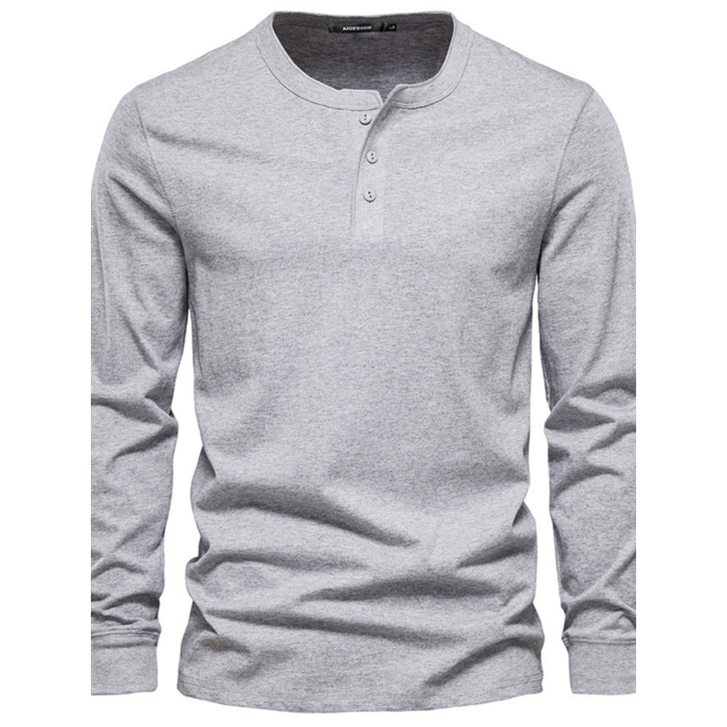 2026 primavera novo estilo henry camisa masculina pesada camiseta de algodão puro manga comprida gola henry ajuste fino 