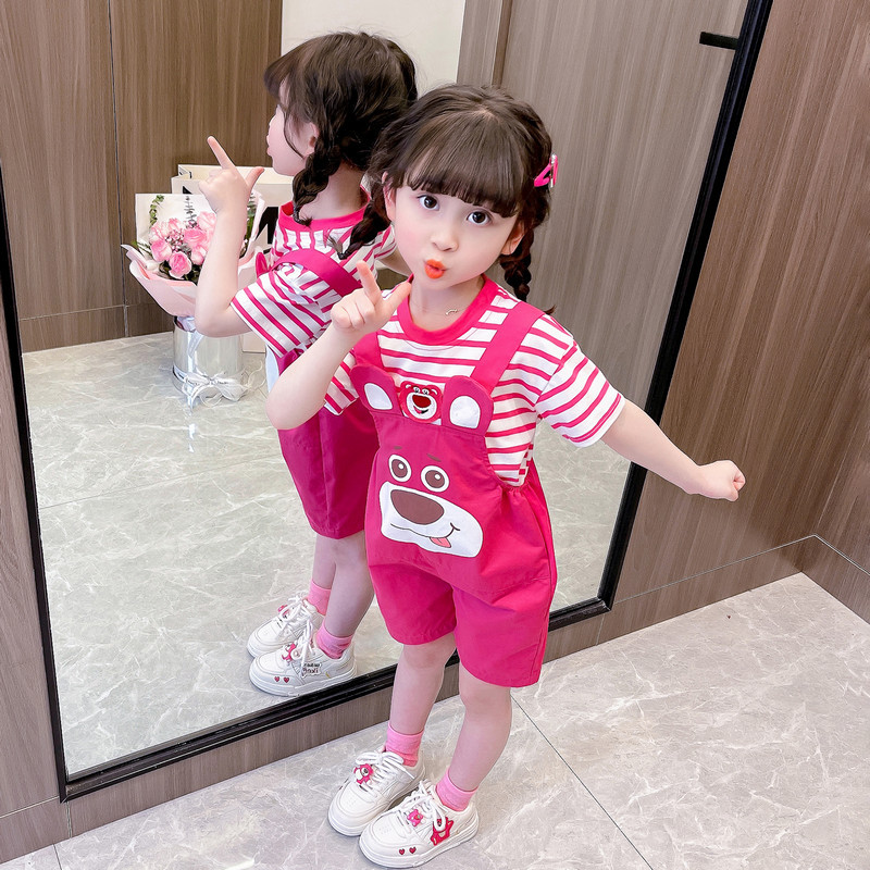 Feminino crianças moda morango urso listrado camiseta conjunto 2025 verão novo estilo bebê menina moda doce conjunto de