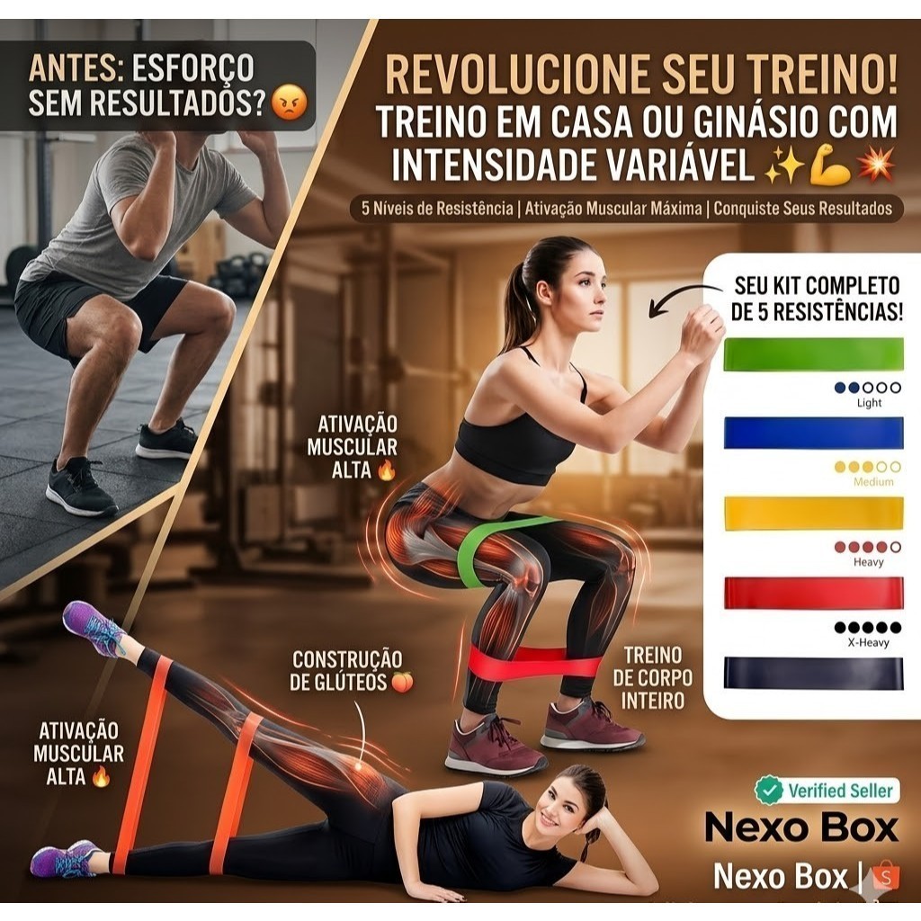Conjunto 5 Faixas Elásticas Mini Band – Treino em Casa, Funcional e Fisioterapia