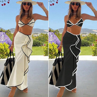 Conjunto de Biquíni Feminino de 3 Peças em Estilo Europeu e Americano com Detalhes de Amarração H4B3
