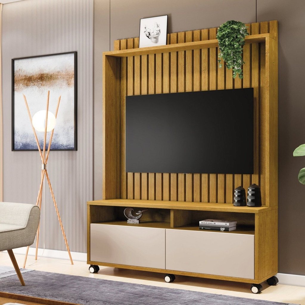 Estante para TV e Home Theater Ripado para TV até 50 Polegadas MDF 145CMX190CM Rodízio 2 Gavetas Estilos Marrom