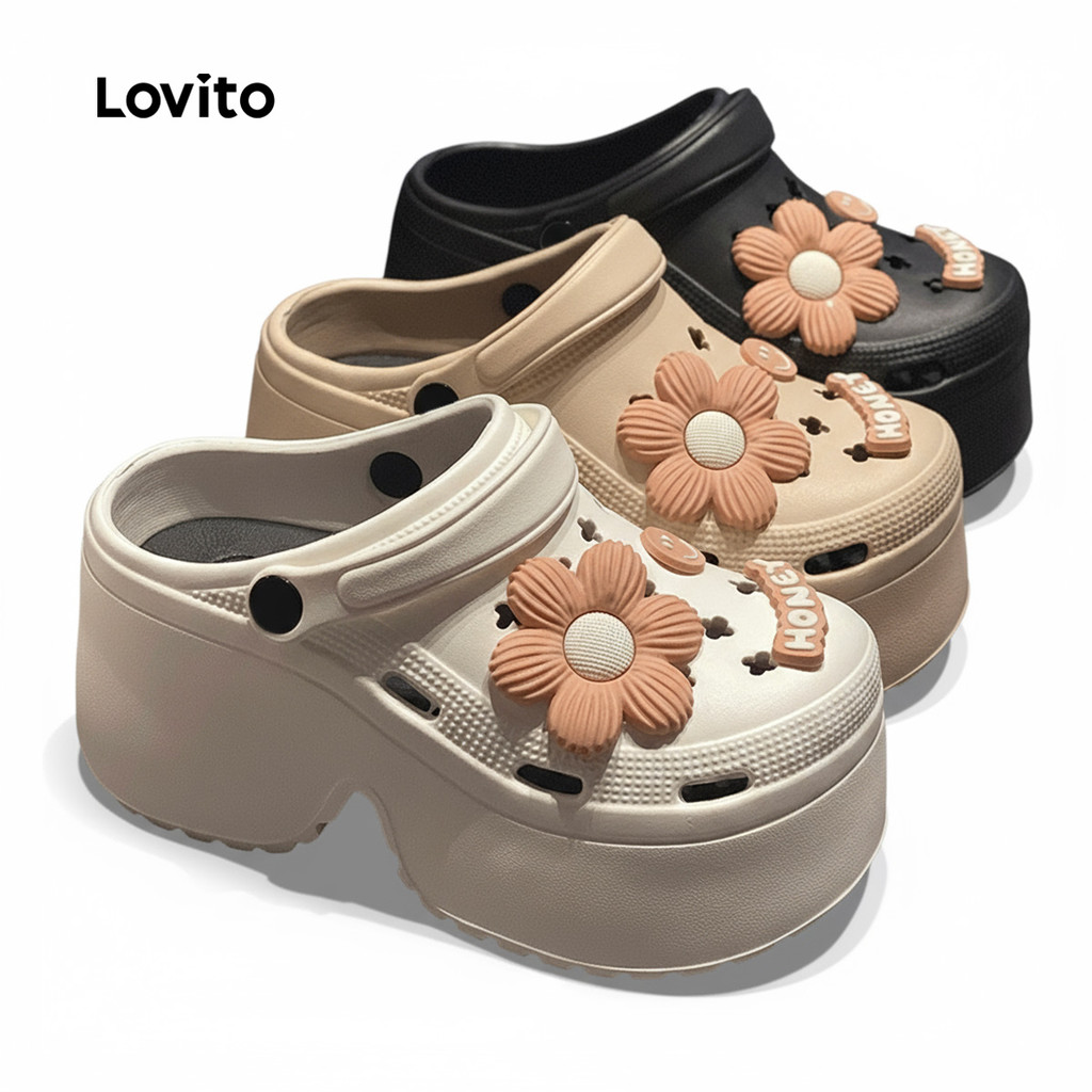 (KOL‘s pick) Lovito Casual Plain 9 cm Pernas Mais Longas Sandália Plana para Mul