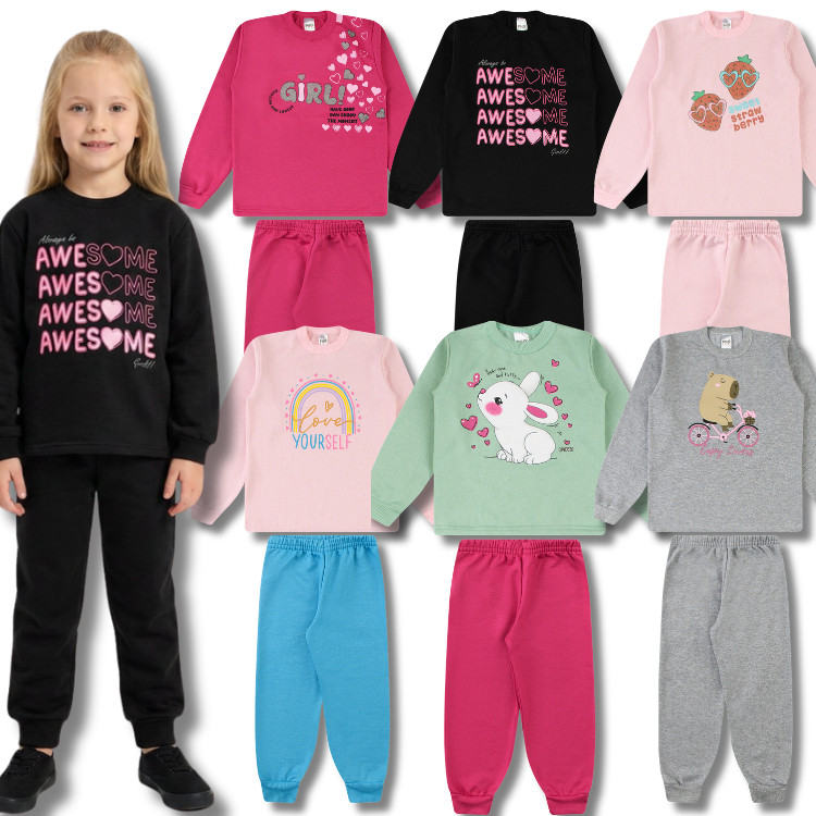 Kit 2 Conjuntos Moletom Feminino/Menina Infantil - 2 Casacos + 2 Calças Moletom Peluciado Inverno