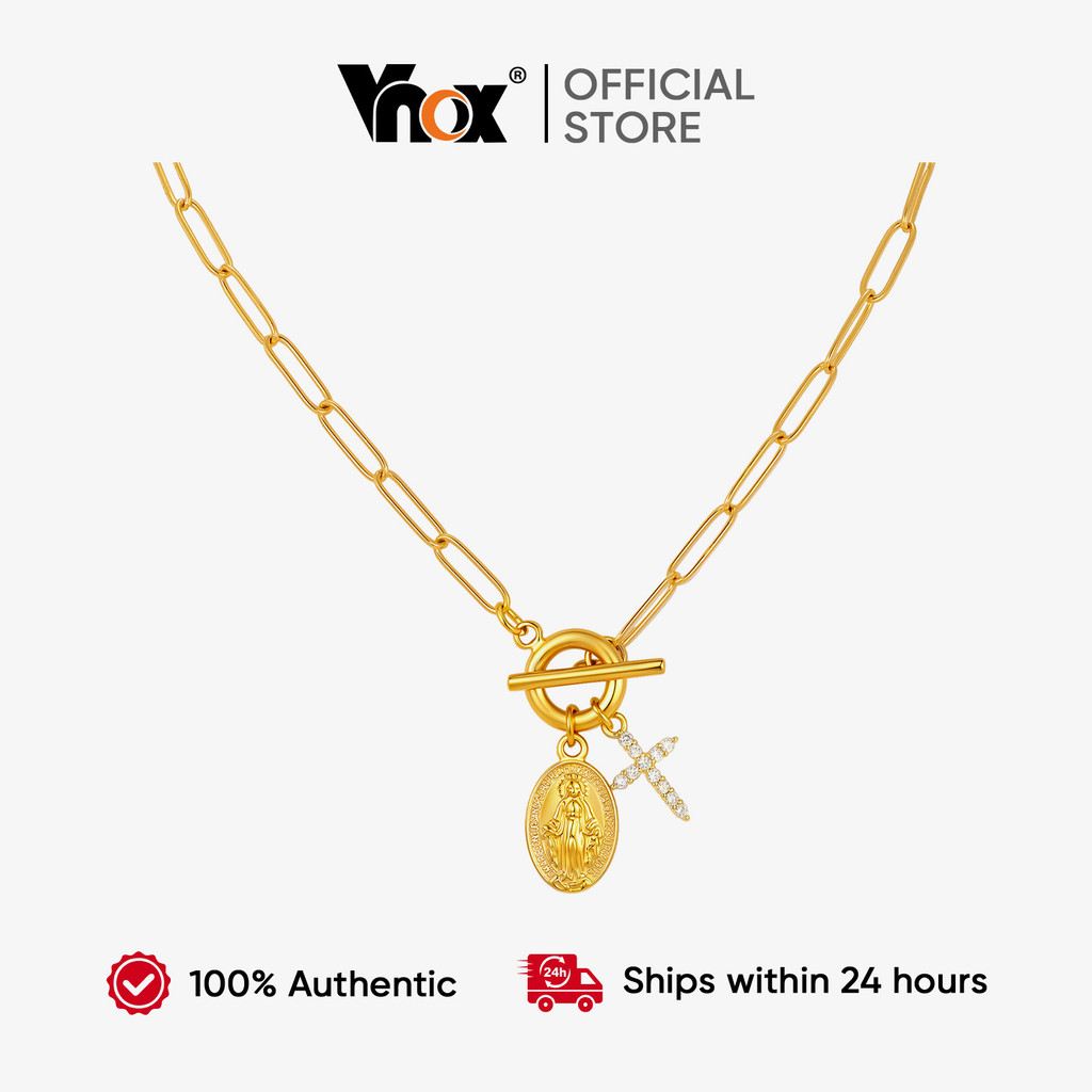 Vnox Banhado A Ouro Aço Inoxidável Virgem Maria Medalha CZ Cruz Toggle Colar Para Mulheres Charme Jóias