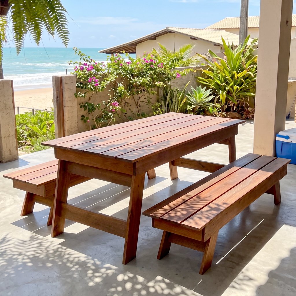 Conjunto 8 Lugares 1 Mesa e 2 Bancos de Madeira Maciça Área Externa Jardim