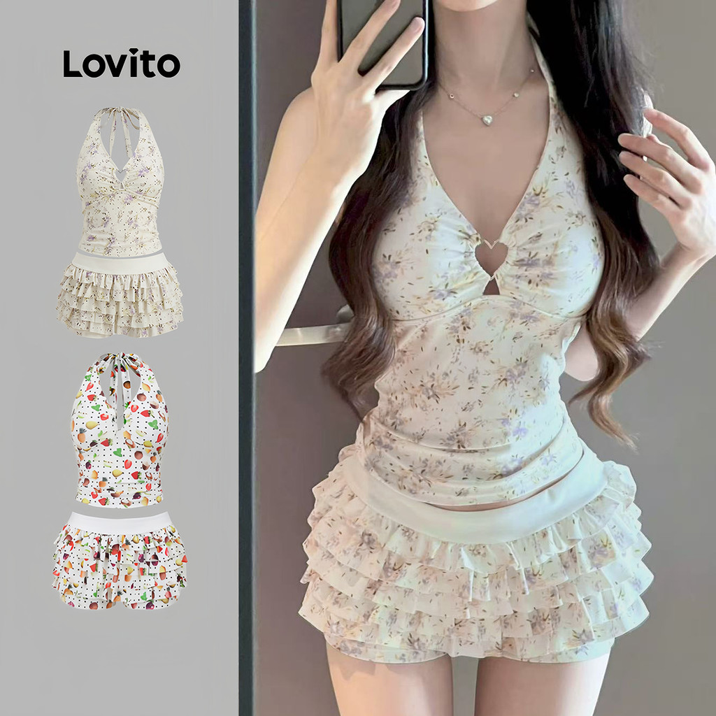 (New Arrival) Lovito  Conjuntos de Biquíni Boho 2 Pacote 2 Conjuntos de Biquíni Combinados Padrão Metal 1 LNE1481006