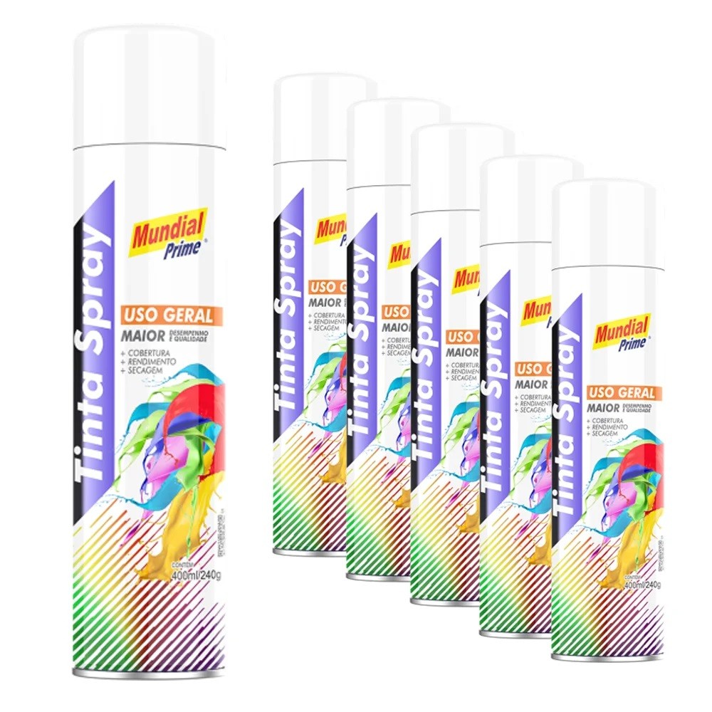 TINTA SPRAY USO GERAL MUNDIAL PRIME 400ml / 240g - KIT C/6un - BRANCO FOSCO