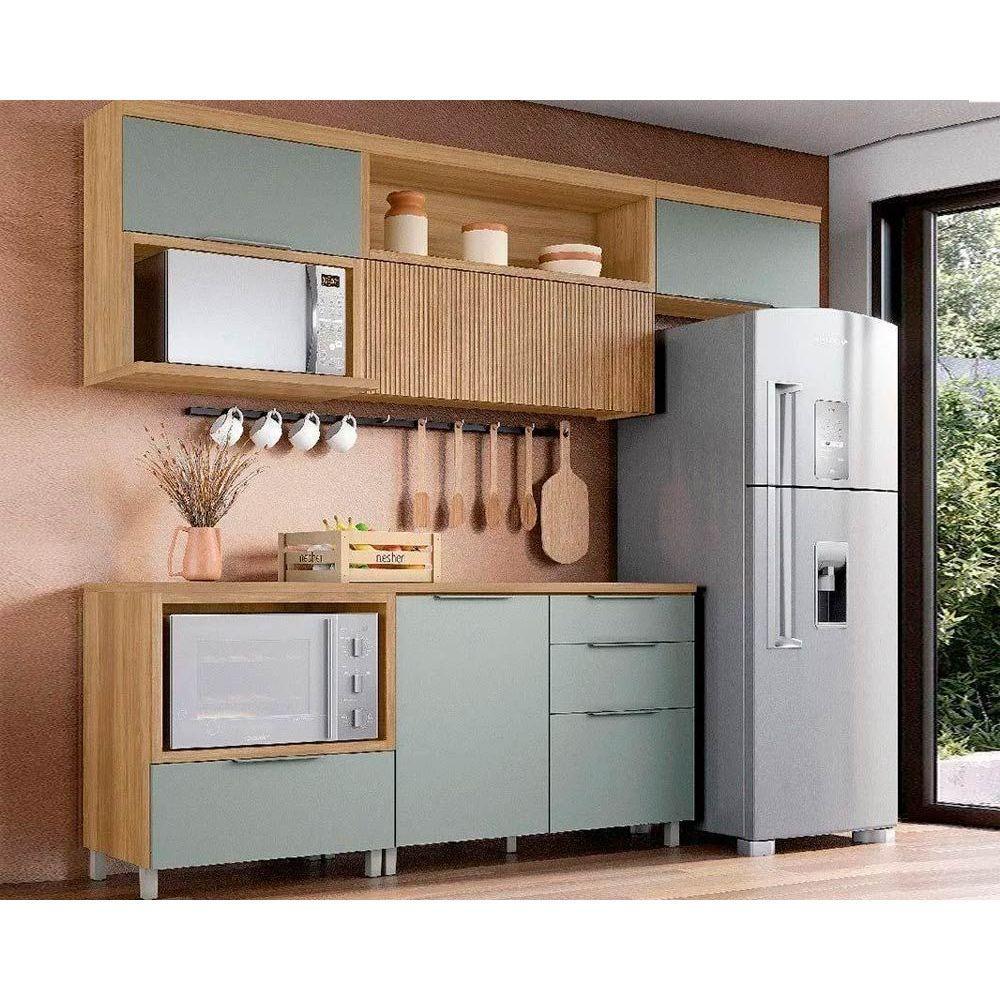 Cozinha Modulada Completa Marquesa 5 Peças (3Aéreos+2Balcões) C5P35 Nature/Verde - Nesher