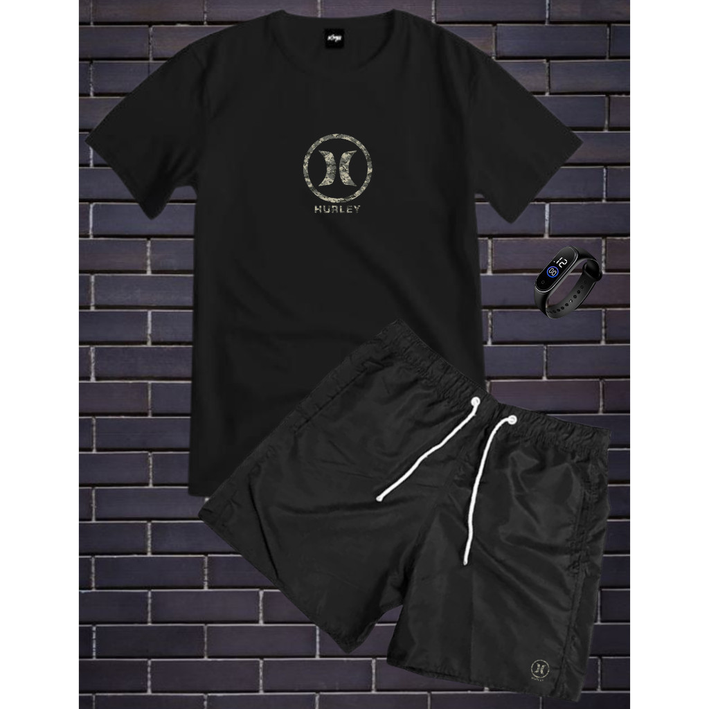 Conjunto Kit Masculino Camisa 100% algodão + bermuda tactel estampada HLY + RELOGIO DIGITAL A PROVA D'AGUA TOP