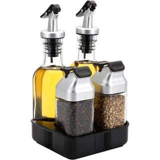 Conjunto de 5 Garrafas Dispensadoras de Azeite e Vinagre Jucoan com Suporte, Conjunto de Saleiros e Pimenteiros de Vidro
