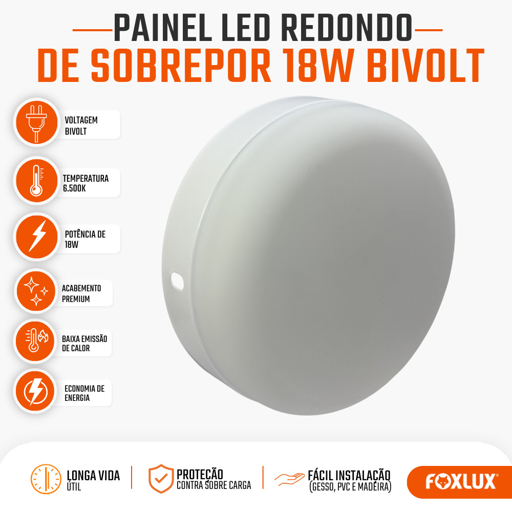Painel Plafon LED Redondo Sobrepor Foxlux 18W 6500K Branco Frio