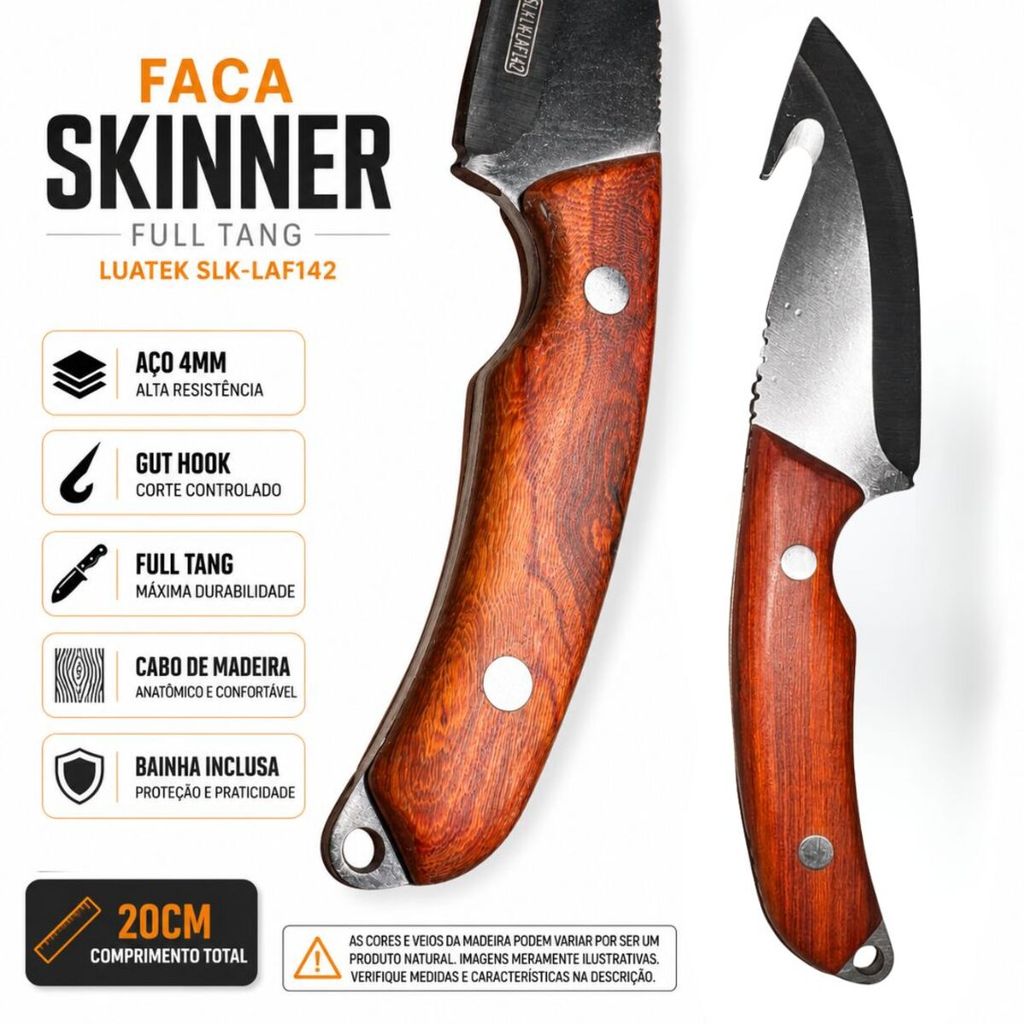 Faca Skinner Full Tang SLK- LAF142 20cm Luatek Aço 4mm Cabo Madeira C/ Bainha