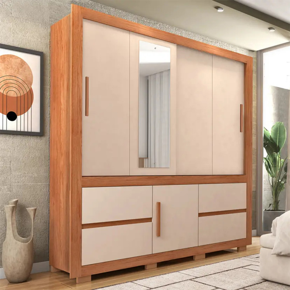 Guarda-Roupa Casal Optimus Lux 3 Portas Correr com Espelho 4 Gavetas Caemmun