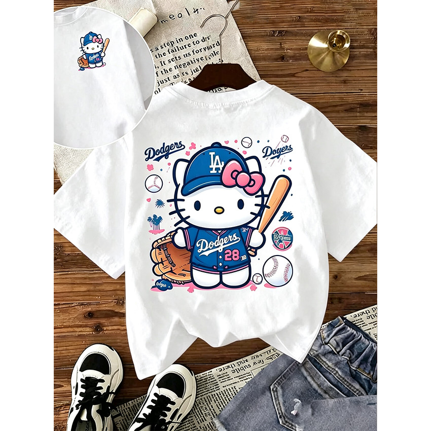 Camiseta Masculina Feminina Oversized Estampa Hello Kitty Los Angeles Dodgers Beisebol, Camiseta Streetwear Sanrio