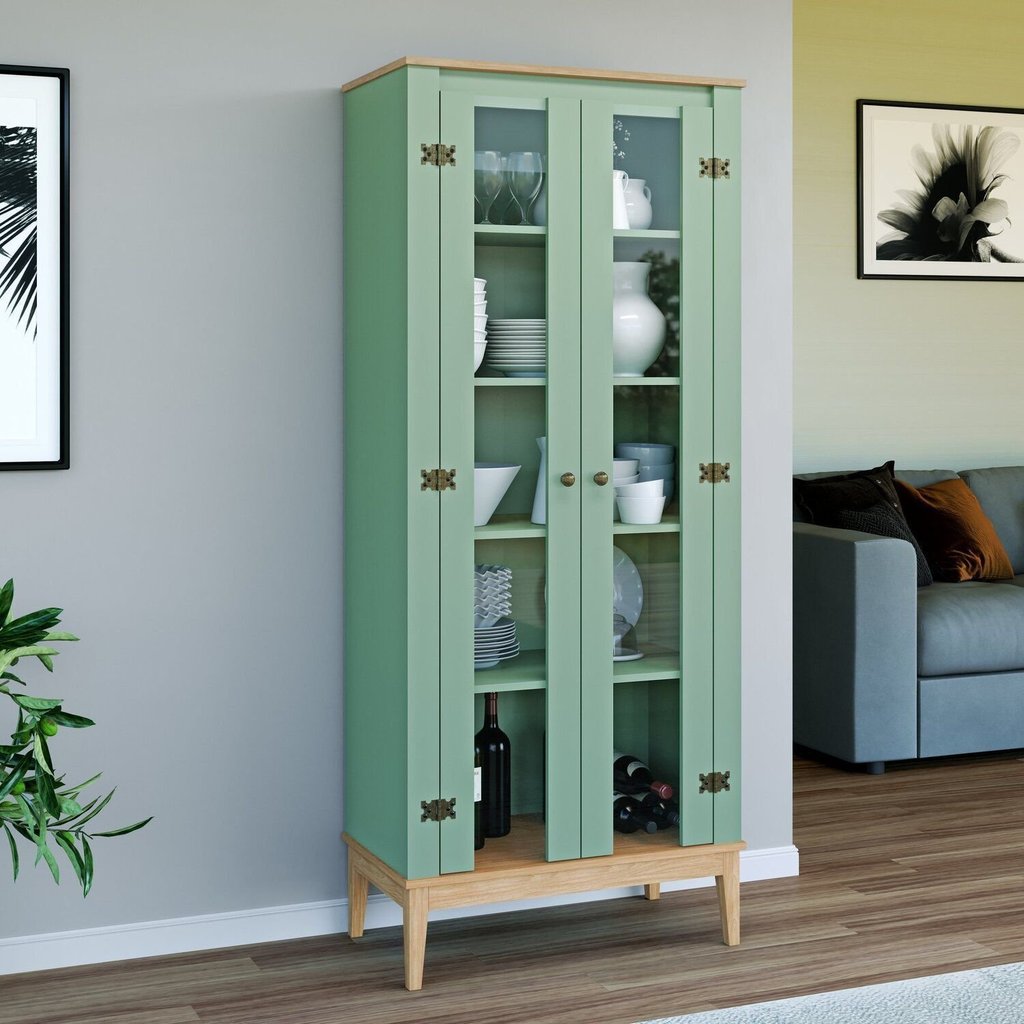 Cristaleira Colonial 2 Portas Vidro Pés Madeira Mel e Oliva 75cm Movelbento Verde Mel/Oliva