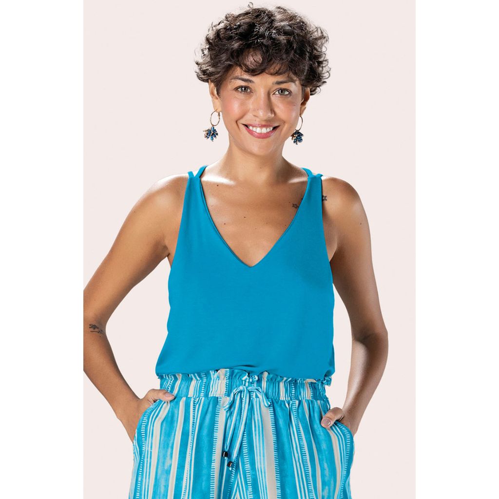 Regata Feminina Alças Transpassadas Marialícia Azul