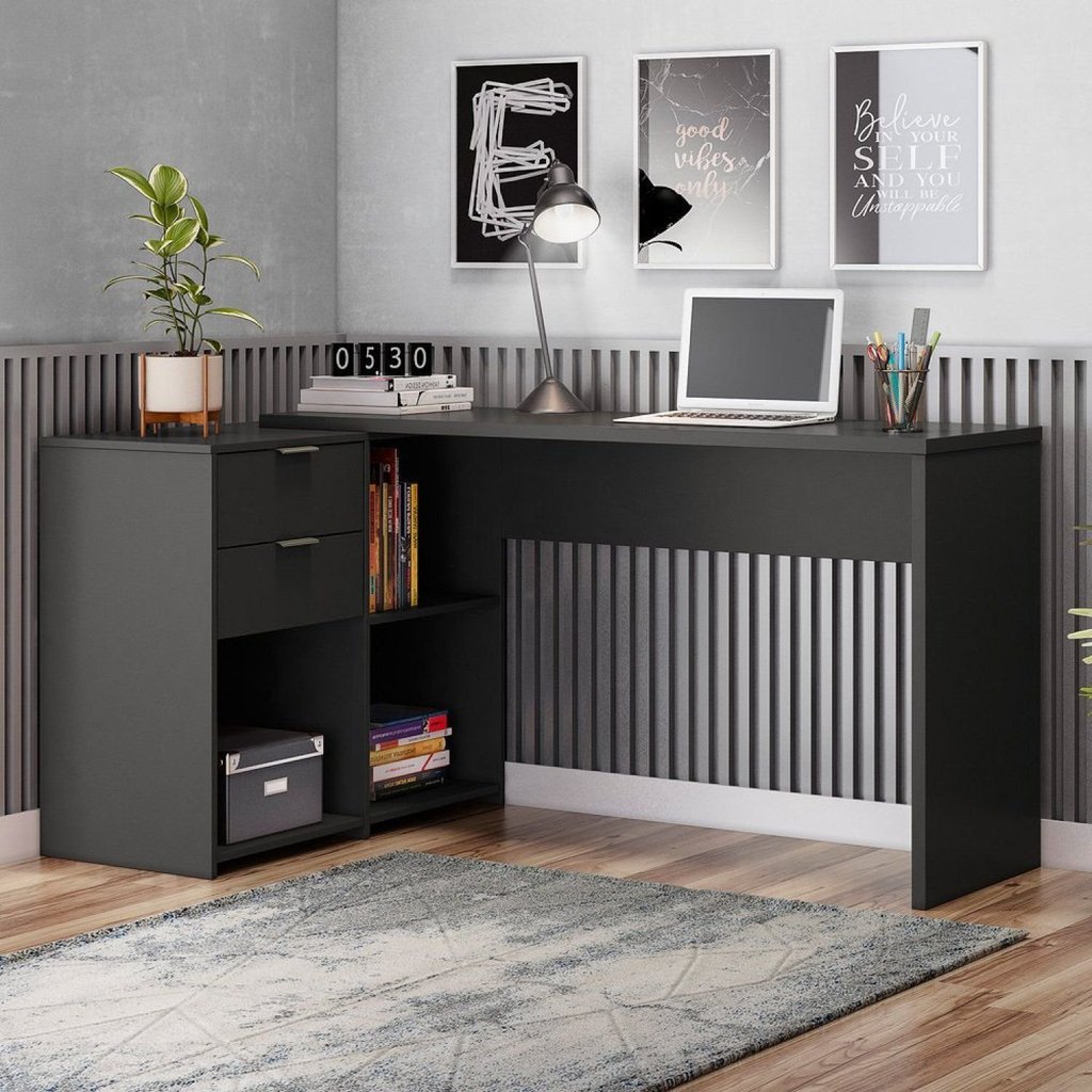 Escrivaninha Mesa Escritório em L Office Nt 2060 2 Gavetas 3 Nichos 148,6cm Pret