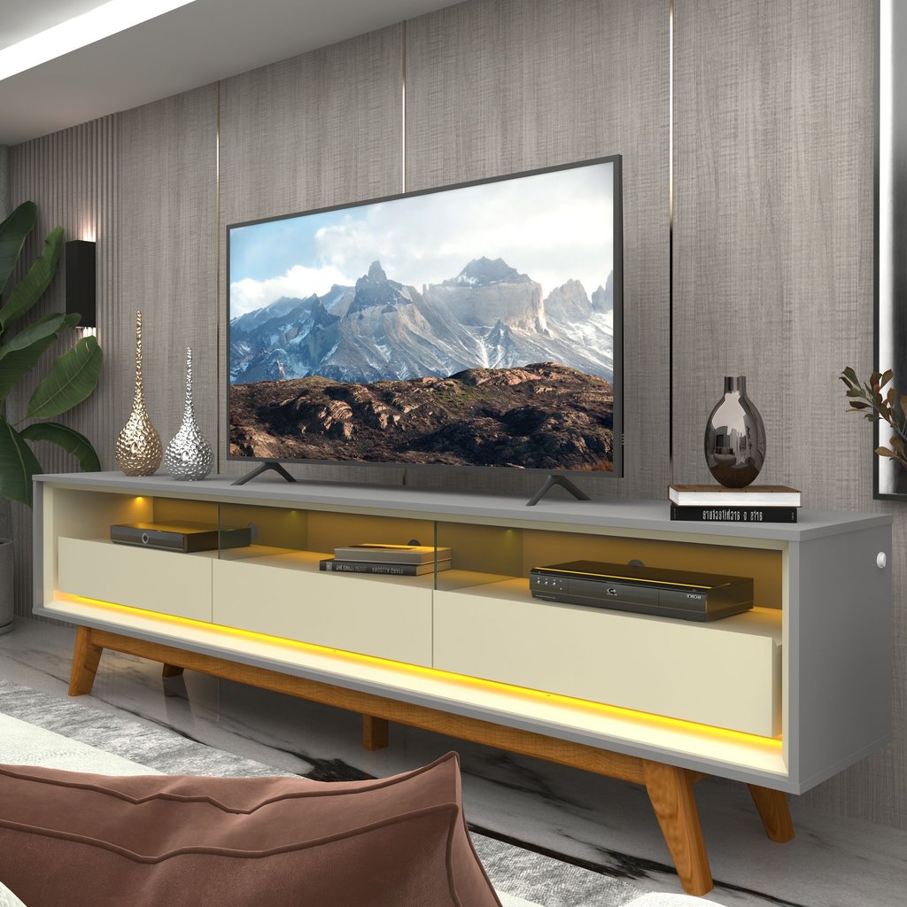 Rack para TV até 85 Polegadas com LED 100% MDF 211,4cm Pés em Madeira Maciça Requinte Cinza Cinza/Off White
