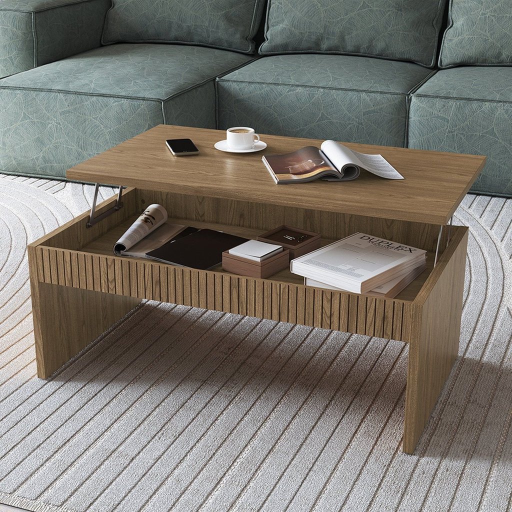 Mesa Centro Articulada com Ripado para Sala de Estar 90cm Brisa Marrom Olmo