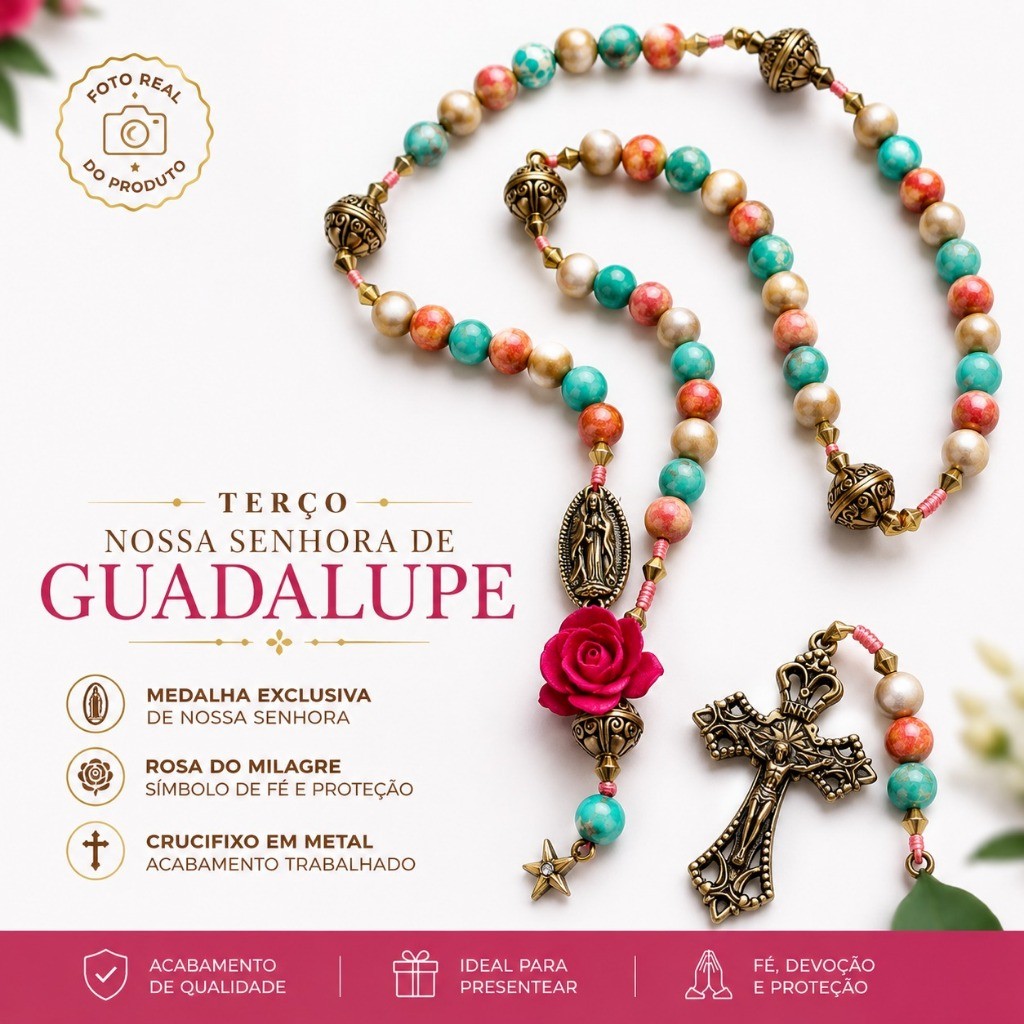 Terço Católico Nossa Senhora Guadalupe Com Flor Rosa Contas Coloridas Medalha Cruz Metal Presente Religioso