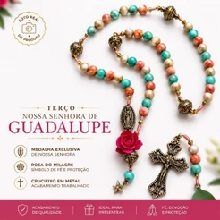 Terço Católico Nossa Senhora Guadalupe Com Flor Rosa Contas Coloridas Medalha Cruz Metal Presente Religioso