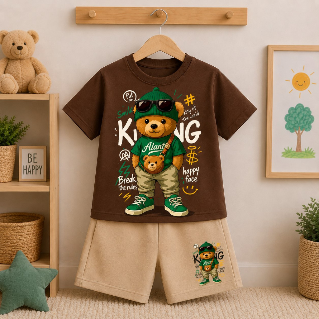 Conjunto Infantil Short Moletinho e Camiseta Manga Curta Algodão Estampa Urso Estiloso Menino Masculino Casual
