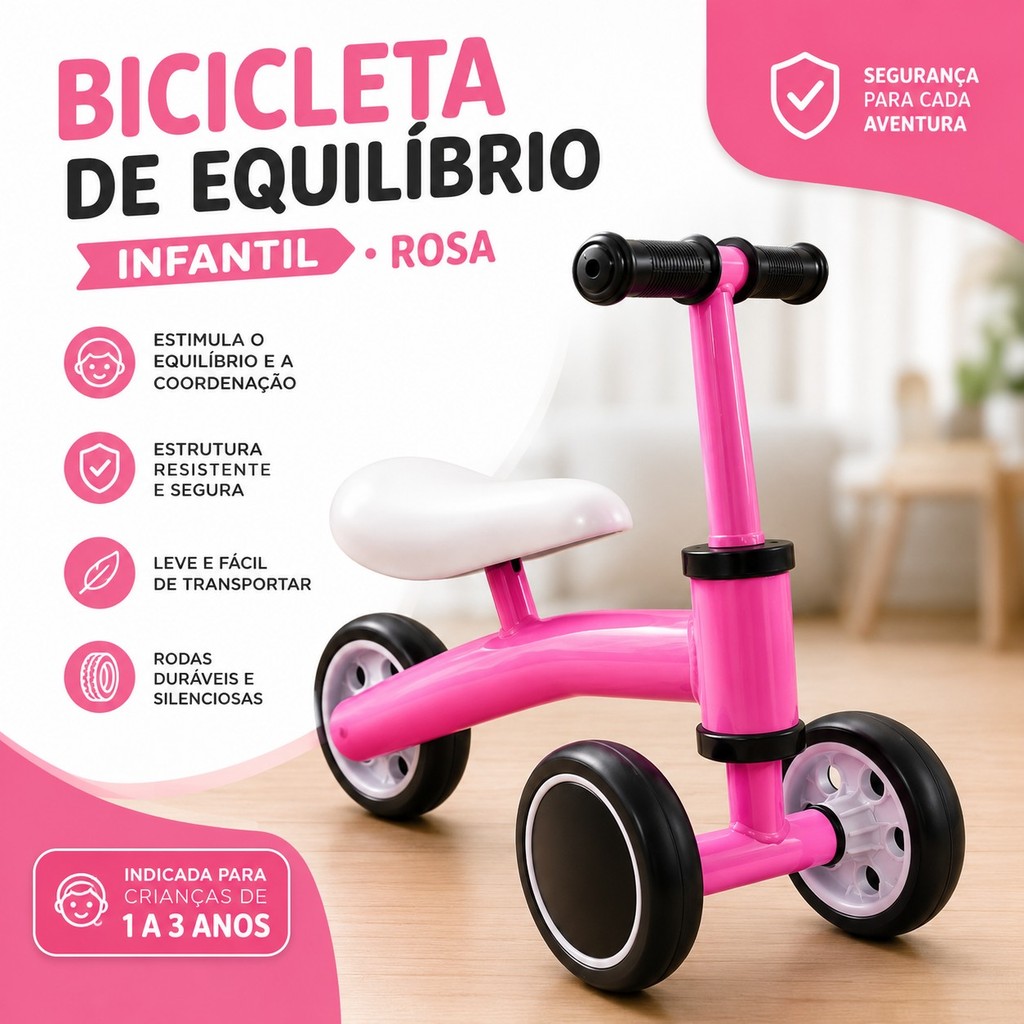 Bicicleta Infantil de Equilíbrio Rosa Sem Pedal Balance Bike Crianças Leve Resistente