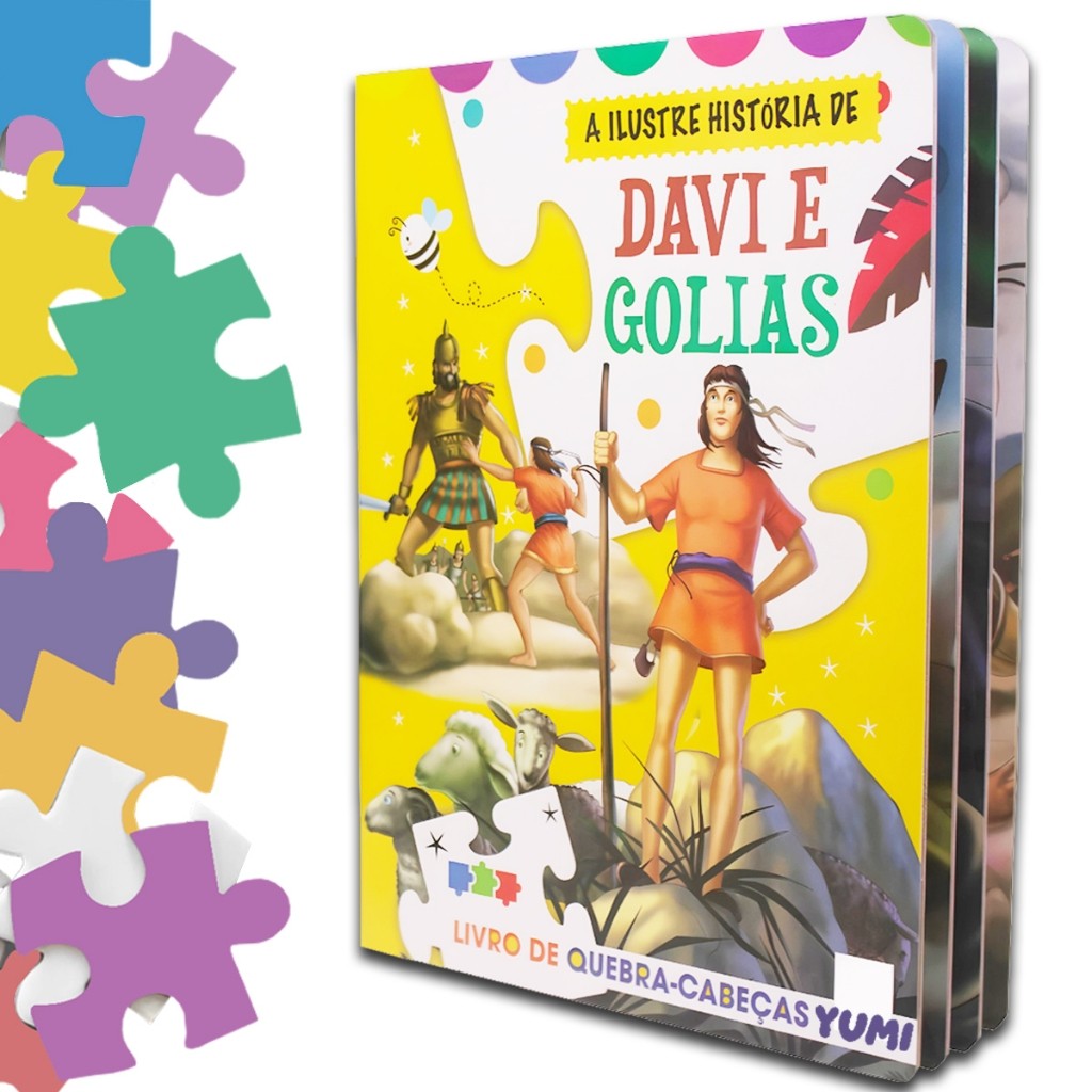 Livro Infantil Bíblico Com 3 Quebra-Cabeças Davi e Golias | Ensinamentos Bíblia Leia e Divirta-se 3 a 12 anos