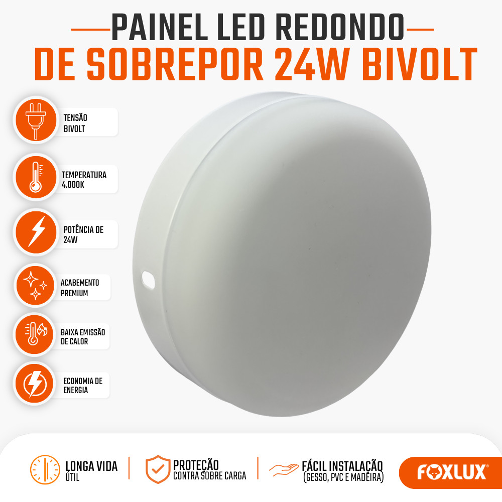 Painel Plafon LED Plafon Redondo Sobrepor Foxlux 24W 4000K Branco Neutro